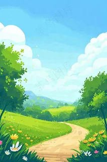 春天郊外旅行蓝天白云清新草地手绘，春分