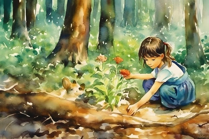 森林种植小女孩土地手绘插画海报素材背景(5376x3584)