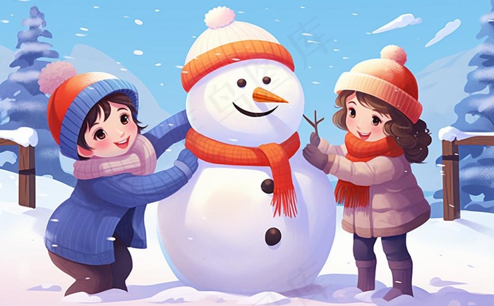 冬季下雪堆雪人孩子们儿童卡通插画背景