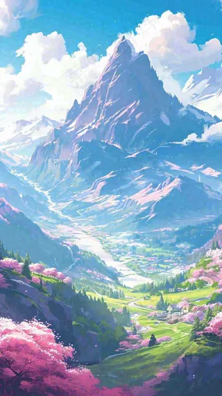 阳光春天细长流水山脉村庄小屋草坪，春分，旅行露营