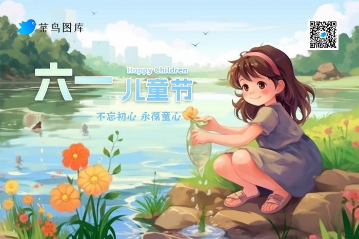 儿童河边戏水手绘banner