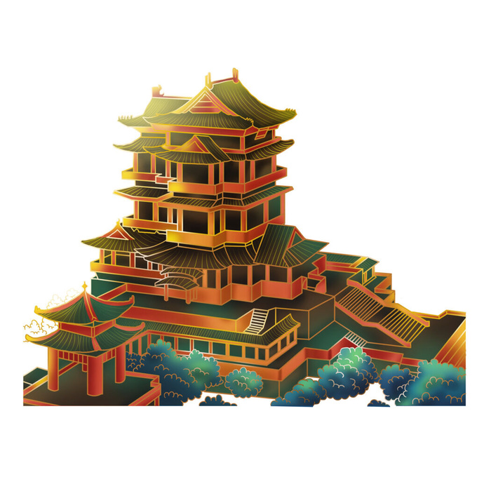 复古中国风国潮古建筑插画手绘高楼古塔PSD素材亭子png免抠图psd模版下载
