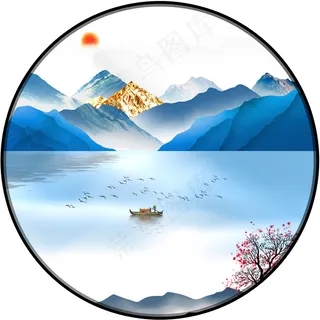 新中式红日山水花鸟背景图蓝色轻奢山水画客厅卧室装饰画 新中式红日山水花鸟背景图蓝色轻奢山水画客厅卧室装饰画