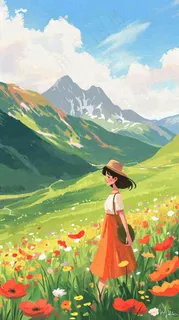 春天山脉草坪花海上穿裙子的女孩油画手绘插画，清新浪漫，踏青春游