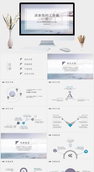 淡雅简约工作报告PPT模板预览图