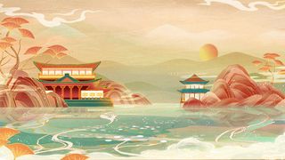 中国风国潮烫金仙鹤山水古建筑风景装饰插画背景PSD分层设计素材