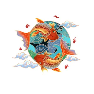 手绘国潮古风喜庆铜钱锦鲤鱼金鱼荷花插画场景装饰PSD设计素