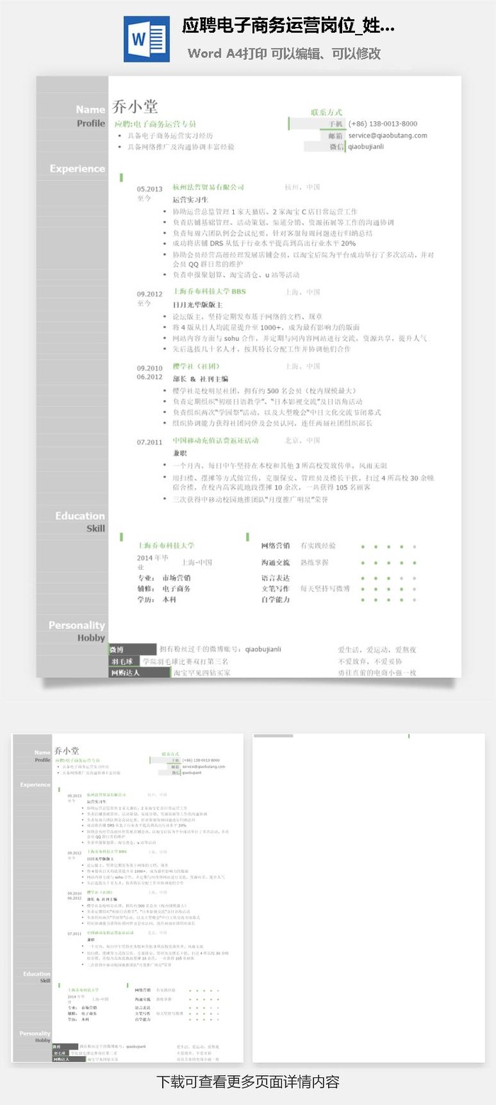 应聘电子商务运营岗位简历模板