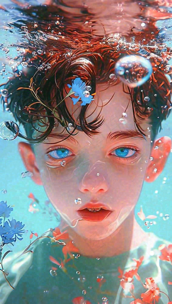 夏天少年男孩海底游泳水面，夏至小暑儿童节