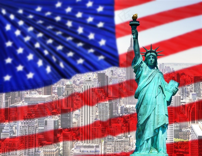 美国国旗和城市和神像