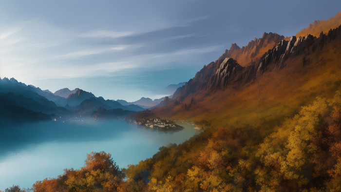 美丽大气写意风景背景壁纸插画-明湖