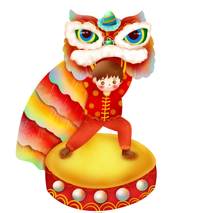 新年春节虎年元宵手绘人物舞狮卡通狮子头插画元素PSD设计素材