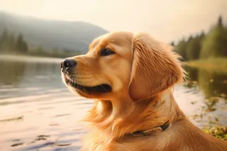 金毛宠物狗在湖边玩耍特写摄影图