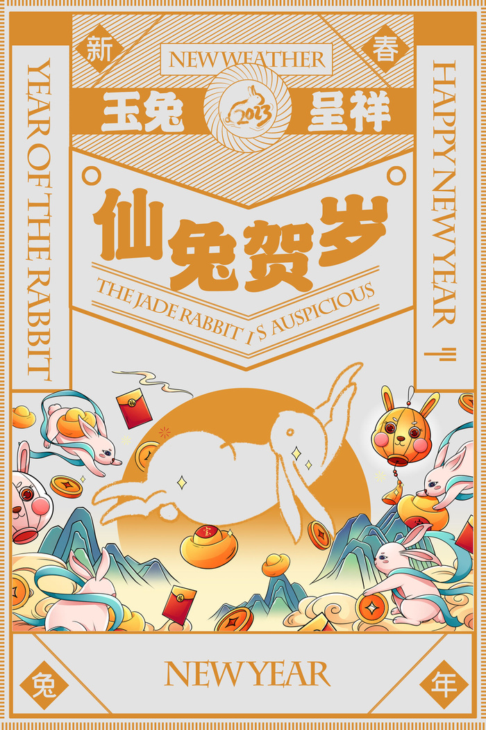 2023兔年新年春节海报psd模版下载