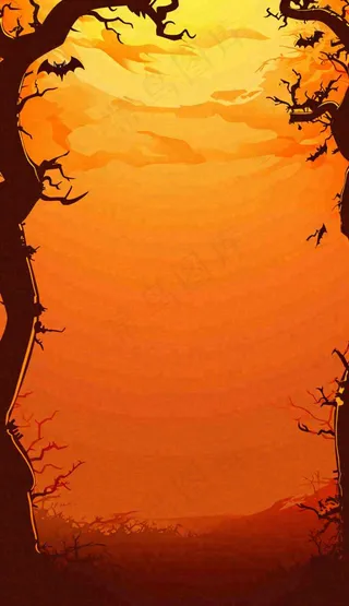 万圣节夜晚恐怖树枝橙黄色暗黑，西方节日