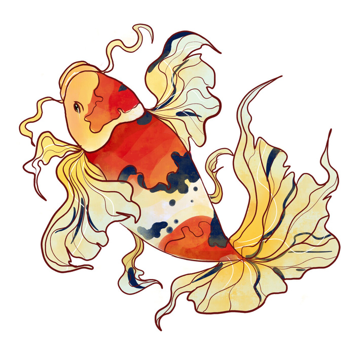 手绘烫金国潮中国风卡通锦鲤鱼金鱼插画装饰元素PSD设计素材