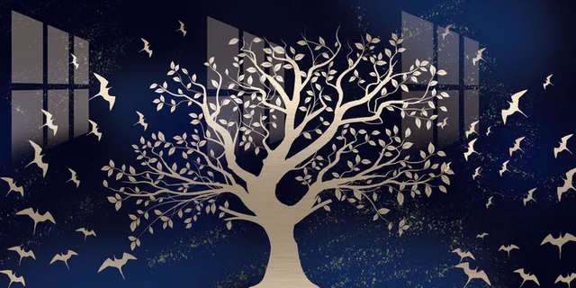 三联艺术大树鸟群背景