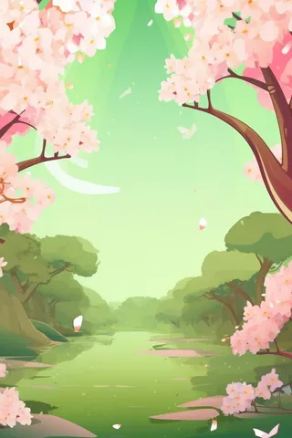 春夏草地樱花背景