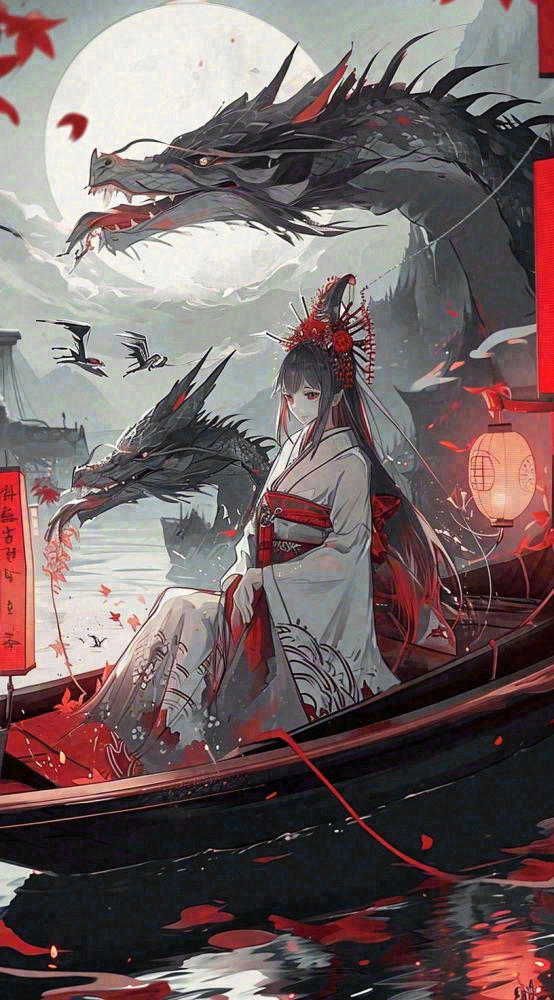 少女漫画古风灯笼夜晚夜景船只手绘插画