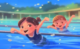 游泳池游泳儿童学生们玩乐蓝色卡通插画背景