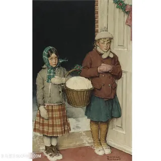 诺曼 · 洛克威尔手绘兄妹装饰画