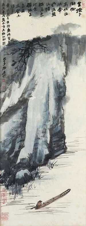 张大千手绘水墨山脉湖畔美景装饰画 张大千手绘水墨山脉湖畔美景装饰画