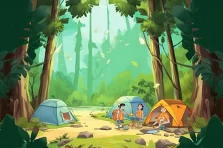 亲子露营野营游玩绿色插画背景