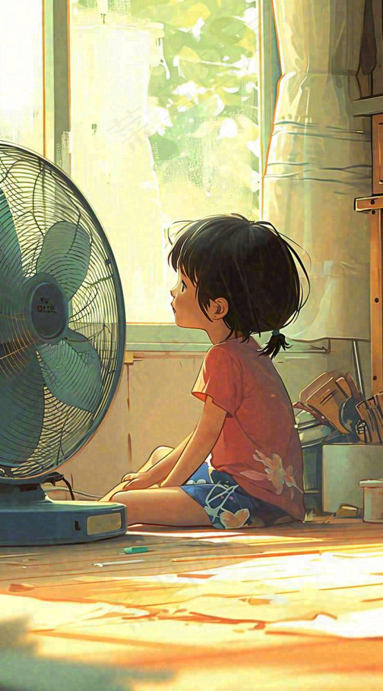 儿童在家吹风扇，夏天炎热清爽手绘插画，夏至小暑暑期(816x1472)