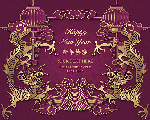 金龙花朵与祥云等春节主题矢量素材