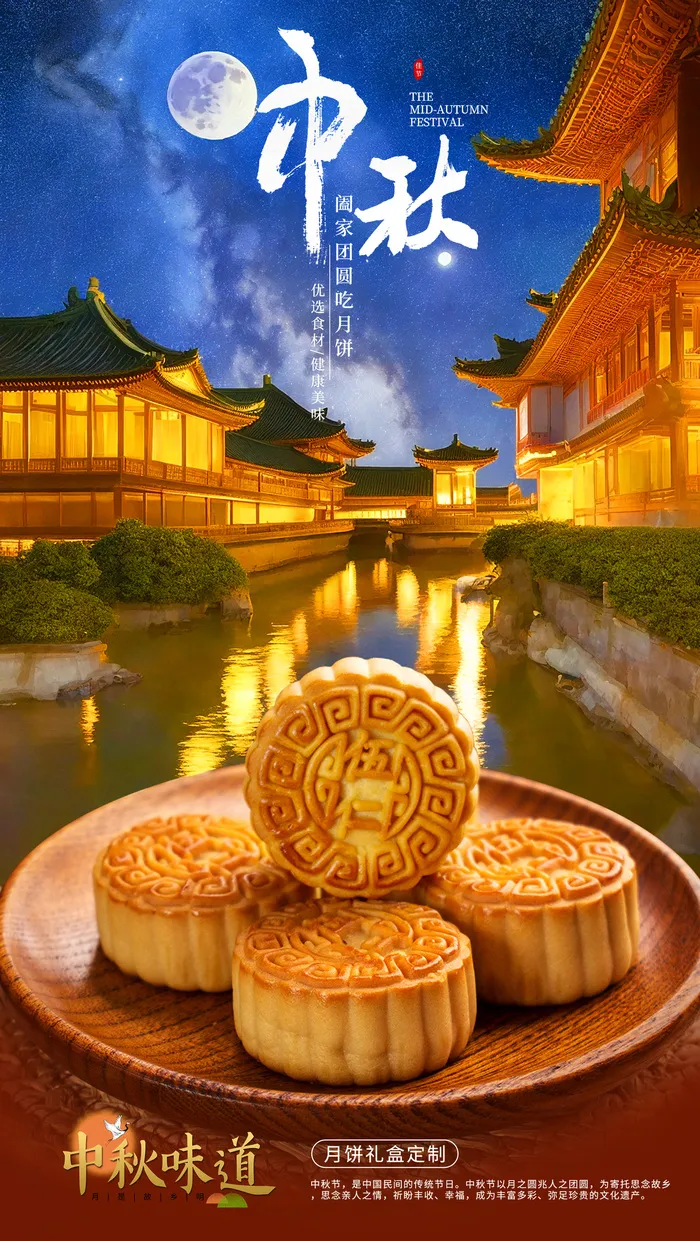 中秋赏月吃月饼古建筑美景海报psd模版下载