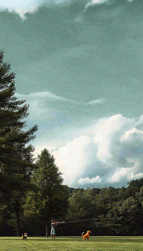 天空白云下的草坪放风筝，简约踏青春天摄影图