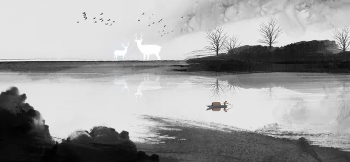 黑白艺术湖水景观PSD素材