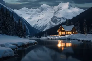 雪山高原山脚下的木屋摄影图