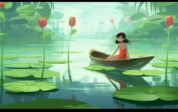 湖泊划船睡莲风光插画背景(1376x864)