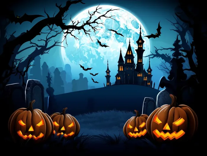 万圣节南瓜蝙蝠城堡恐怖夜晚插画背景(3696x2784)
