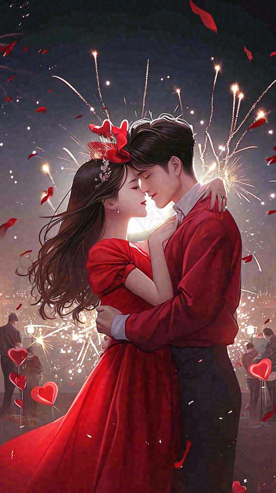 烟花中情侣在情人节的夜晚里拥抱亲吻，红色爱心气球爱情甜蜜(816x1456)