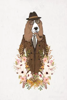叼着烟斗的狗狗艺术插画