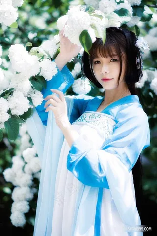 白色秀绒花与古装女子图片