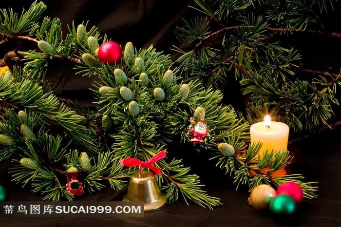 圣诞树枝和点燃的蜡烛图片素材