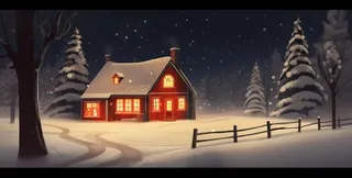 冬天夜晚森林里的房子被白雪覆盖卡通插画背景