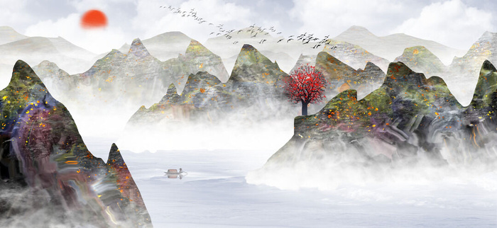 中国山水风绘画展示PSD素材