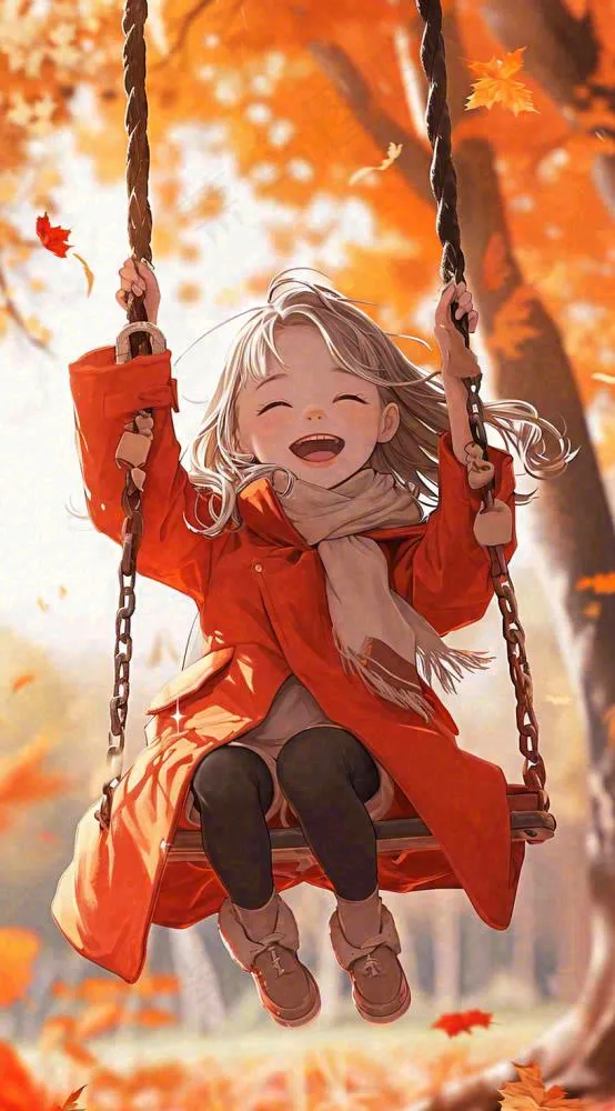 秋天浪漫秋叶儿童少女荡秋千插画，秋分(816x1472)