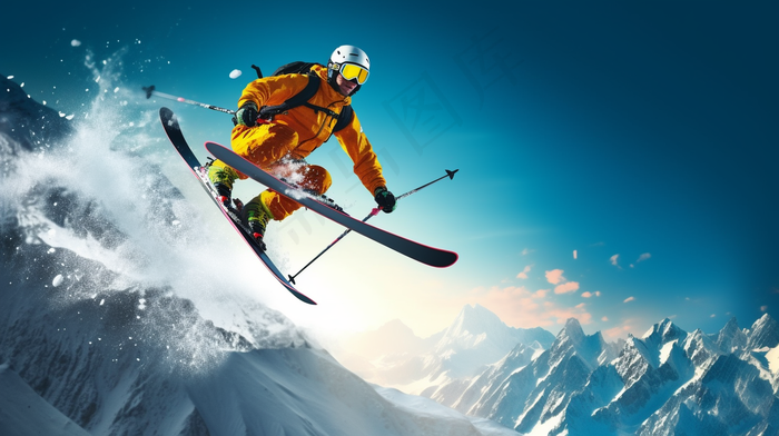 a man flying through the air while riding skis, a portrait by Matthias Weischer, shutterstock, figuration libre, skiing, action sports, stunning ski 