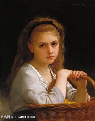 布格罗油画手拿篮子女孩装饰画