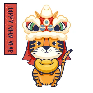 2022虎年吉祥物卡通公仔小老虎形象设计福字元素手绘插画psd素材