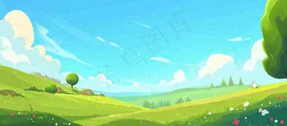 蓝天白云绿植草坪，小草树木清新，春天夏天阳光