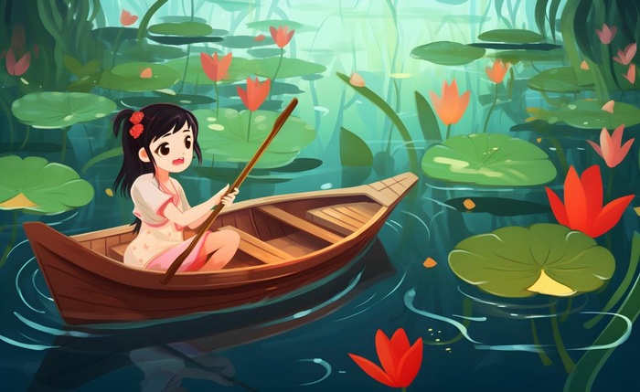 在湖中划船的女孩睡莲绿叶插画海报背景
