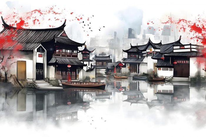 江南水乡水墨画插画海报素材背景(5376x3584)