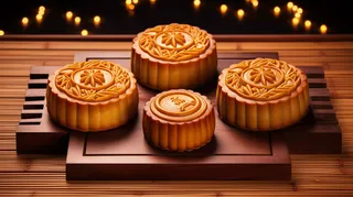 中秋木质托盘餐具上摆放着的月饼摄影图