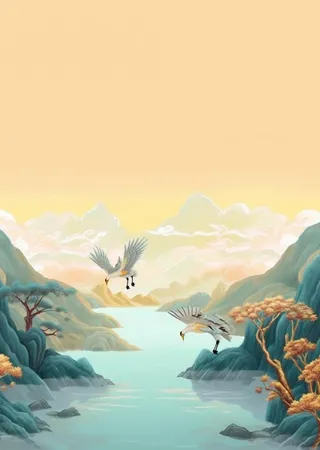 国潮山脉仙鹤清新背景